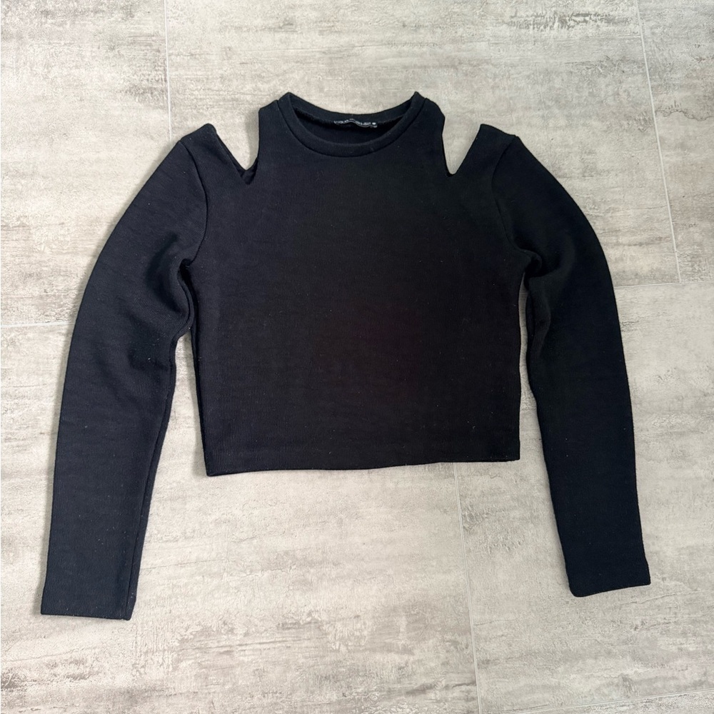 ZARA WOMAN Midriff Crop Top Small Long Sleeve Cold Shoulder Black Casual Size S - Picture 4 of 11